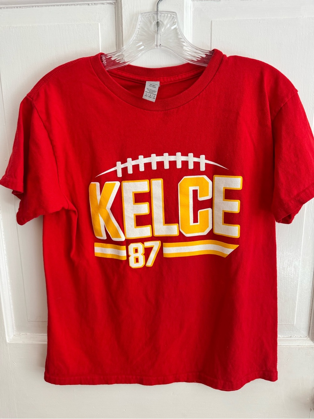 Girl Boy Gildan Red Football Graphic Tee Shirt Kelce 87 - 100 percent cotton